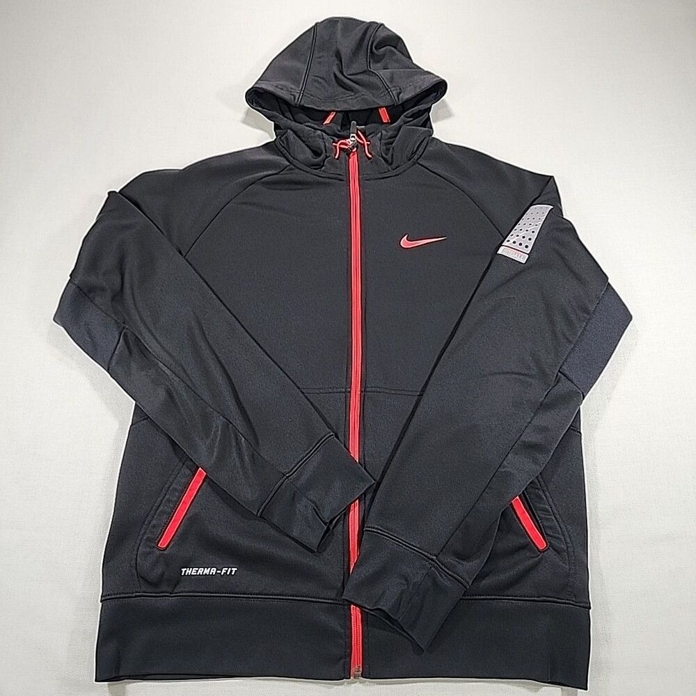 Nike Men's Therma-Fit Basketball Full-Zip Hooded Jacket, Black with Red Trim